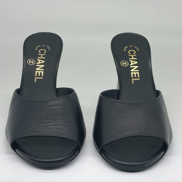 CHANEL 21B Leather Open Toe CC Curved Heels Mules Sandals Slides Shoes - Picture 5 of 16